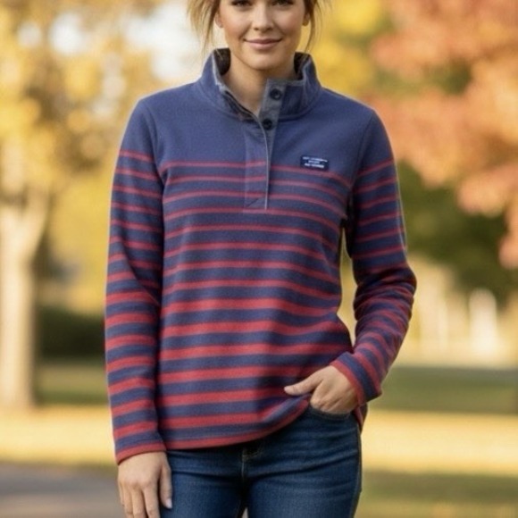 L.L. Bean Sweaters - LL Bean Blue Red Striped Long Sleeve Cotton Rugby Pullover‎ Size MEDIUM